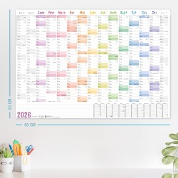 Häfft® Calendrier mural XXL 2026 A1+ de papier en français (63 x 89 cm) plié "Rainbow" + agenda annuel A4 gratuit, avec jours fé