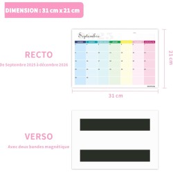 Calendrier 2026 Mural Magnetique Frigo 31 x 21cm Familial Calendrier 2025 2026 Septembre 2025 à Décembre 2026 Planificateur Mens