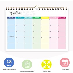 Calendrier 2026 Mural Coloré 31 x 21cm Familial Calendrier 2025 2026 Scolaire 18 mois Septembre 2025 à Décembre 2026 Mensuel Pro