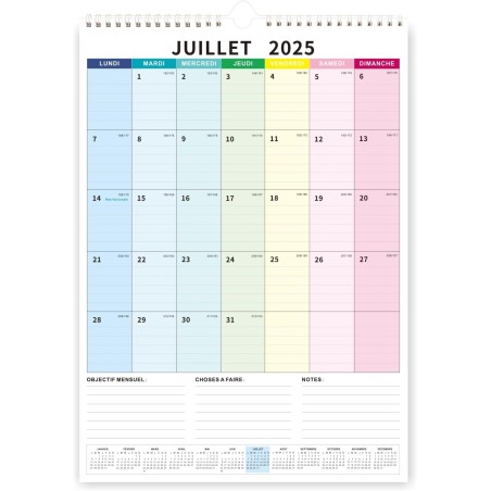 Calendrier 2026 Mural Grand Format Coloré Calendrier Familial Juillet‌ 2025 à Dec. 2026 Mensuel Famille Organisée Planificateur 