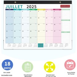 Calendrier 2026 Mural Grand Coloré Avec Couverture Imperméable Calendrier Familial Juil. 2025 à Déc.‌ 2026 Planificateur Organis