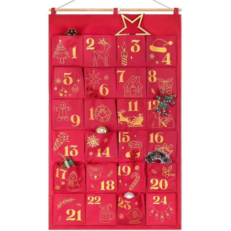 DPKOW Paillettes Tissu Calendrier de l'Avent à Remplir Soit Même, Or Rouge Vide Calendrier de l'Avent a Faire Bricolage Calendri