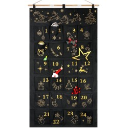 DPKOW Brodé Tissu Calendrier de l'Avent à Remplir, Noir Or Vide Calendrier de l'Avent a Faire Soi Même Calendriers de Noël Reuti