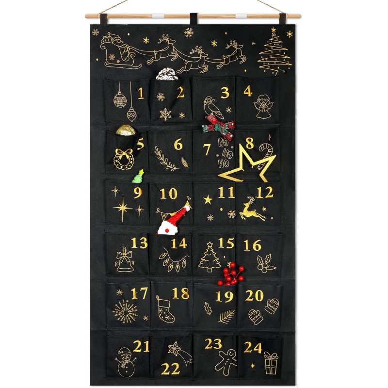 DPKOW Brodé Tissu Calendrier de l'Avent à Remplir, Noir Or Vide Calendrier de l'Avent a Faire Soi Même Calendriers de Noël Reuti