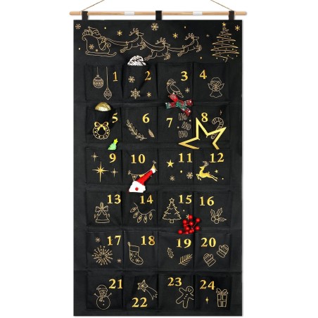 DPKOW Brodé Tissu Calendrier de l'Avent à Remplir, Noir Or Vide Calendrier de l'Avent a Faire Soi Même Calendriers de Noël Reuti