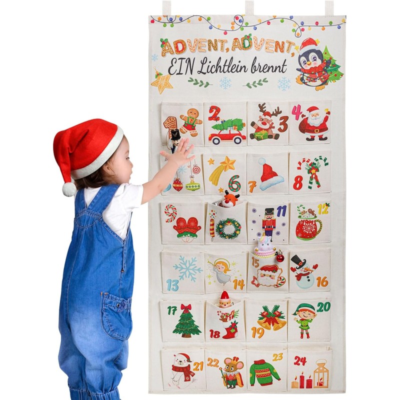 DPKOW Deutsch 24 Adventskalender zum Befüllen Stoff, 1 BIS 24 Zahlen Adventskalender Hängende Tüten für Kinder Weihnachten Gesch