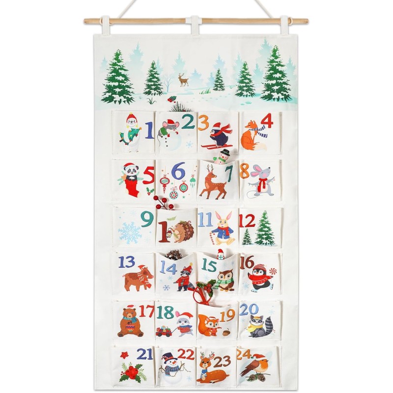 DPKOW Hiver Animaux Calendrier de l'Avent à Remplir Soit Même, Vide Calendrier de l'Avent Tissu DIY Calendriers de Noël pour Cad