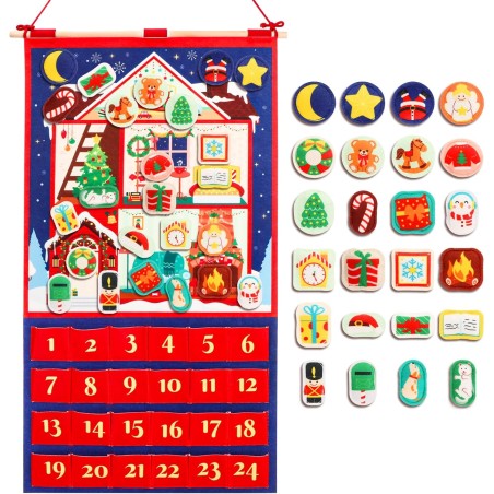 DPKOW 2025 Calendrier de l'Avent de Noël en Feutre avec 24 Pochettes et Un Poteau, Calendrier de l'Avent à Remplir avec 24 Deco 