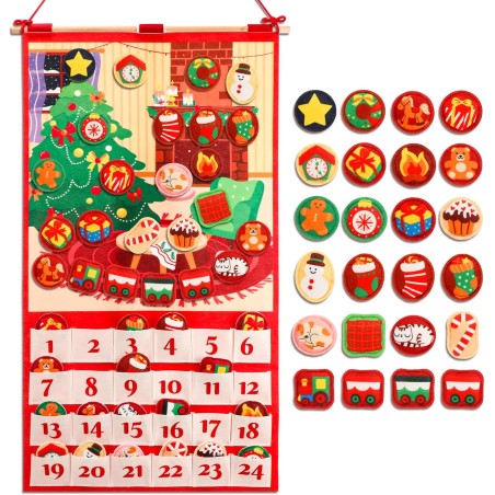 DPKOW Calendrier de l'Avent 2025 de Noël en Feutre avec 24 Poches et Un Poteau, Calendrier de l'Avent à Remplir avec 24 Deco Noe