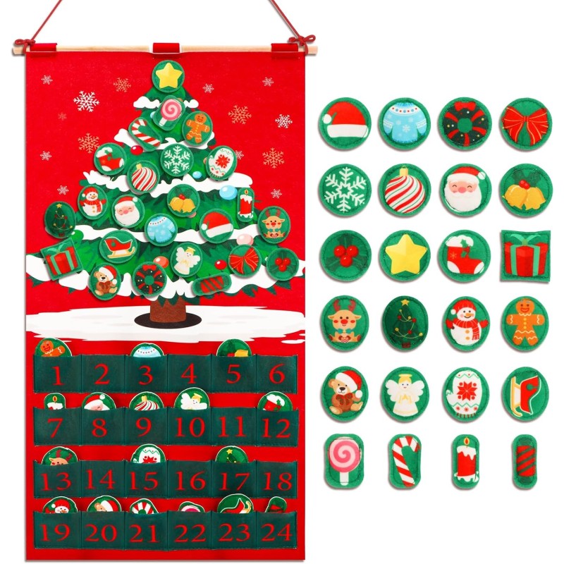 DPKOW 2025 Calendrier de l'Avent de Sapin de Noël en Feutre avec 24 Pochettes et un Poteau, Calendrier de l'Avent à Remplir avec