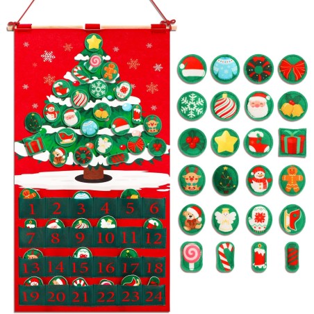 DPKOW 2025 Calendrier de l'Avent de Sapin de Noël en Feutre avec 24 Pochettes et un Poteau, Calendrier de l'Avent à Remplir avec