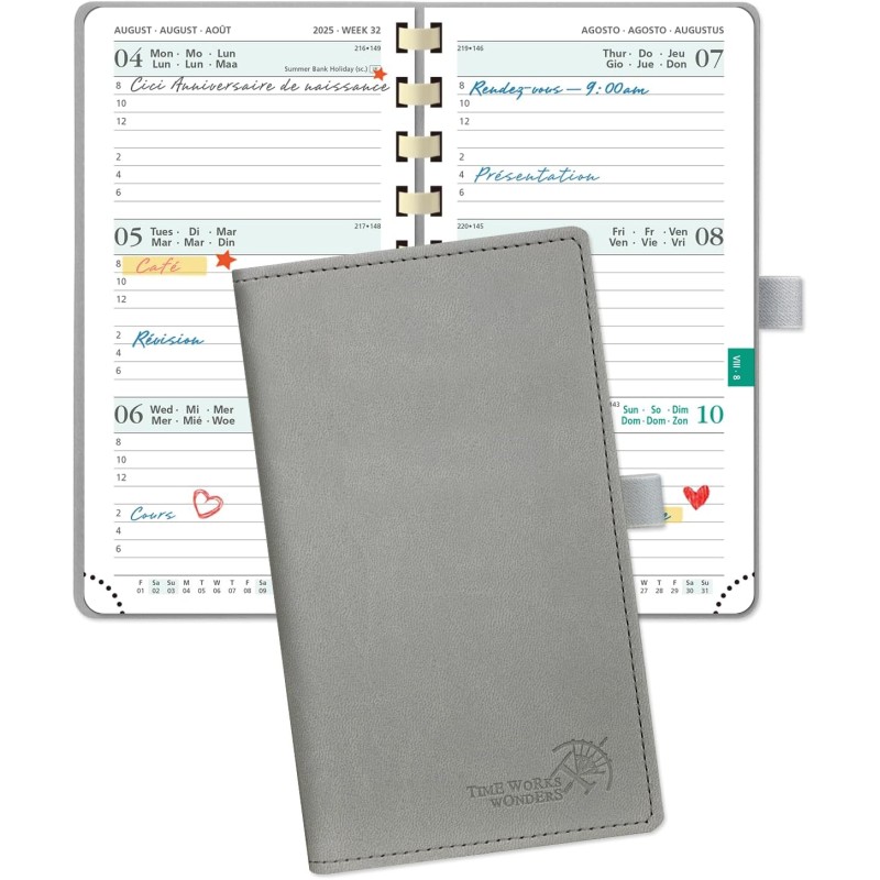 POPRUN Agenda Scolaire Calendrier De poche 2025 2026 Semainier 16,5 x 9 cm D'Août 2025 à Déc 2026 - Petit Planner 17 Mois avec C