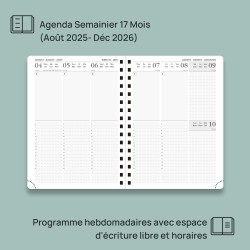 POPRUN Agenda 2025 2026 Semainier 21 x 16,5cm D'Août 2025 à Déc 2026, Planner Vertical Scolaire 17 Mois avec Couverture Rigide S