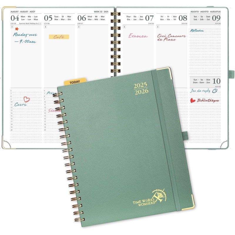 POPRUN Agenda 2025 2026 Semainier 25,5 x 21,5cm D'Août 2025 à Déc 2026, Planner Vertical Scolaire 17 Mois Couverture Rigide Spir