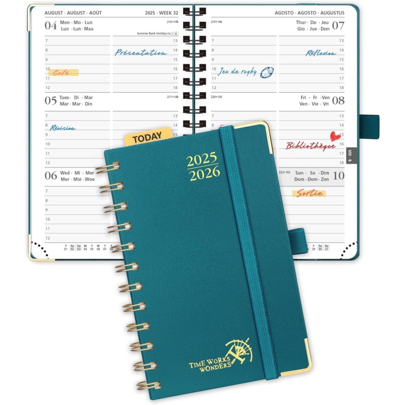 POPRUN Agenda De poche 2025 2026 A6 Semainier 16 x 10,5 cm D'Août 2025 à Déc 2026, Petit Planner Scolaire 17 Mois avec Couvertur