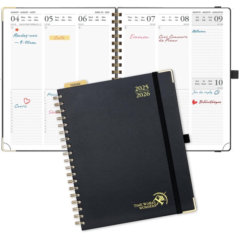 POPRUN Agenda 2025 2026 Semainier 25,5 x 21,5cm D'Août 2025 à Déc 2026, Planner Vertical Scolaire 17 Mois Couverture Rigide Spir