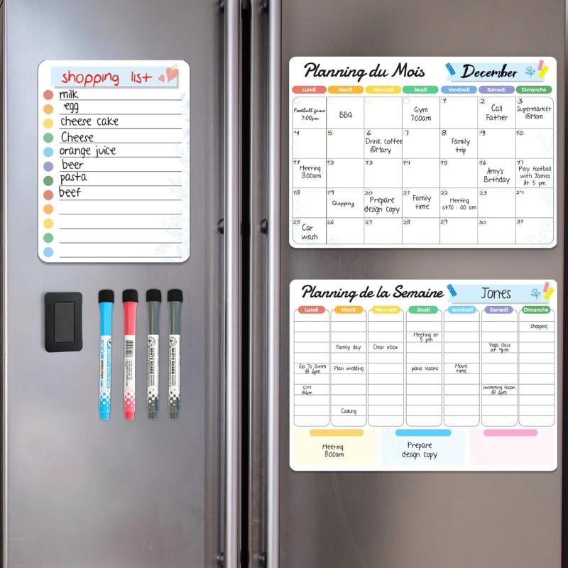 Calendrier Magnétique pour Frigo, Effaçable à Sec, 3 Plannings Mensuel, Hebdomadaire et Quotidien à Coller sur le Réfrigérateur,