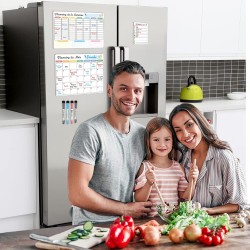 Calendrier Magnétique pour Frigo, Effaçable à Sec, 3 Plannings Mensuel, Hebdomadaire et Quotidien à Coller sur le Réfrigérateur,