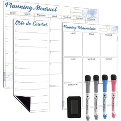 Calendrier Mensuel et Hebdomadaire Magnétique pour Frigo et Petit Tableau Liste de Courses avec 4 Marqueurs et 1 Effaceur, Idéal