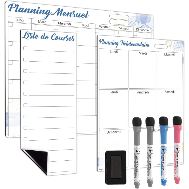 Calendrier Mensuel et Hebdomadaire Magnétique pour Frigo et Petit Tableau Liste de Courses avec 4 Marqueurs et 1 Effaceur, Idéal