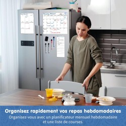 Calendrier Mensuel et Hebdomadaire Magnétique pour Frigo et Petit Tableau Liste de Courses avec 4 Marqueurs et 1 Effaceur, Idéal
