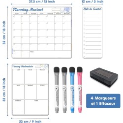 Calendrier Mensuel et Hebdomadaire Magnétique pour Frigo et Petit Tableau Liste de Courses avec 4 Marqueurs et 1 Effaceur, Idéal