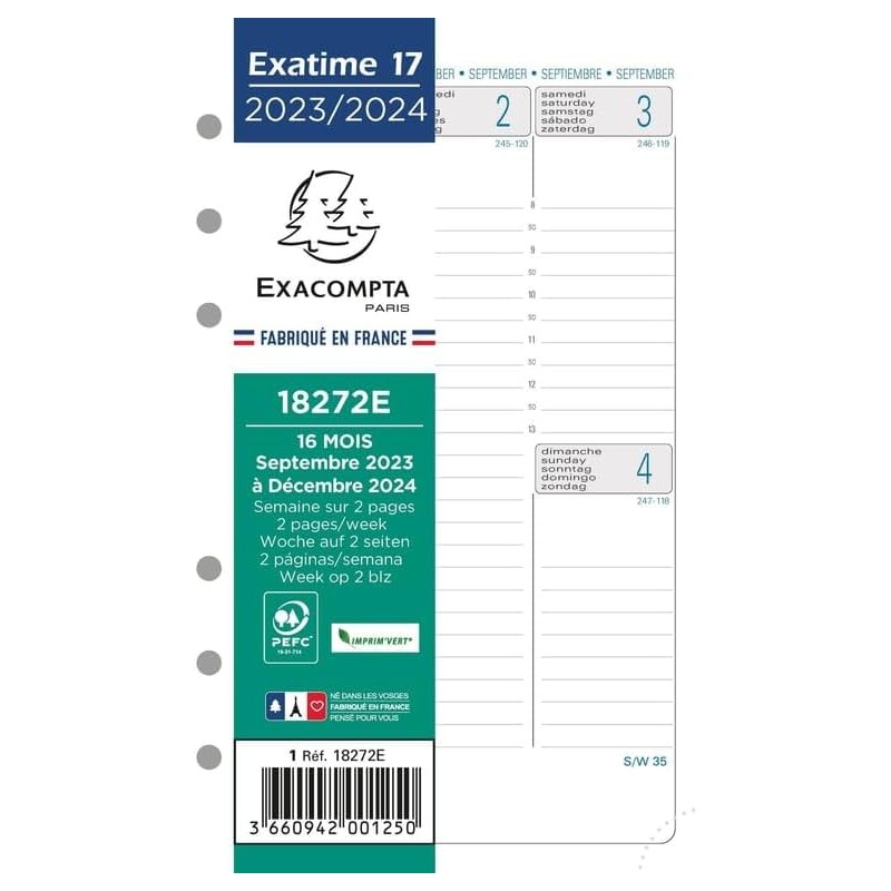 Exacompta - 18272E - Recharge Pour Exatime 17 - Dimension : 10,5 cm x 17,2 cm - 1 Semaine Sur 2 Pages - 16 Mois : Septembre 2025