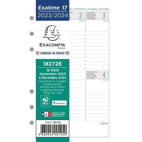 Exacompta - 18272E - Recharge Pour Exatime 17 - Dimension : 10,5 cm x 17,2 cm - 1 Semaine Sur 2 Pages - 16 Mois : Septembre 2025