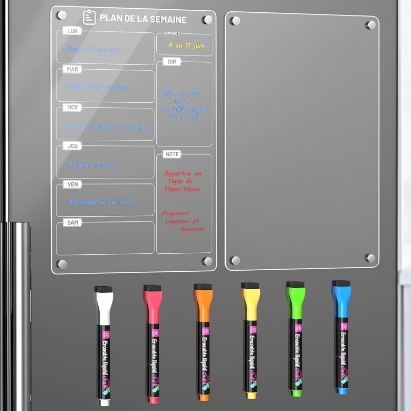 Lot de 2 Tableaux Magnétiques Frigo (1 Imprimer Planning Semaine + 1 Vierge Transparent) - 30x20 cm - Avec Marqueur à Craie Liqu