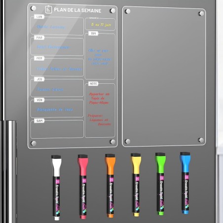 Lot de 2 Tableaux Magnétiques Frigo (1 Imprimer Planning Semaine + 1 Vierge Transparent) - 30x20 cm - Avec Marqueur à Craie Liqu