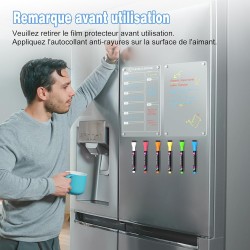 Lot de 2 Tableaux Magnétiques Frigo (1 Imprimer Planning Semaine + 1 Vierge Transparent) - 30x20 cm - Avec Marqueur à Craie Liqu