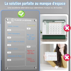 Lot de 2 Tableaux Magnétiques Frigo (1 Imprimer Planning Semaine + 1 Vierge Transparent) - 30x20 cm - Avec Marqueur à Craie Liqu