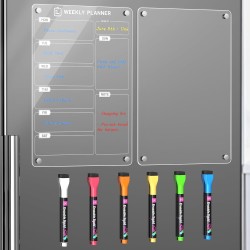 Lot de 2 Tableaux Magnétiques Frigo (1 Imprimer Planning Semaine + 1 Vierge Transparent) - 30x20 cm - Avec Marqueur à Craie Liqu