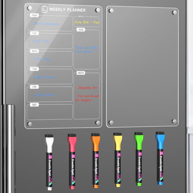Lot de 2 Tableaux Magnétiques Frigo (1 Imprimer Planning Semaine + 1 Vierge Transparent) - 30x20 cm - Avec Marqueur à Craie Liqu