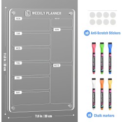 Lot de 2 Tableaux Magnétiques Frigo (1 Imprimer Planning Semaine + 1 Vierge Transparent) - 30x20 cm - Avec Marqueur à Craie Liqu