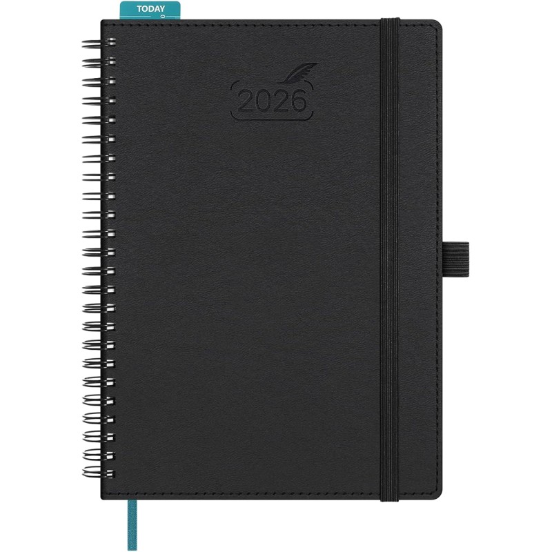 BEZEND Agenda 2026 Semainier A5 21 x 15,5 cm, janvier à décembre 2026 (12 mois) avec Spirale Couverture Souple en Cuir PU, Noir