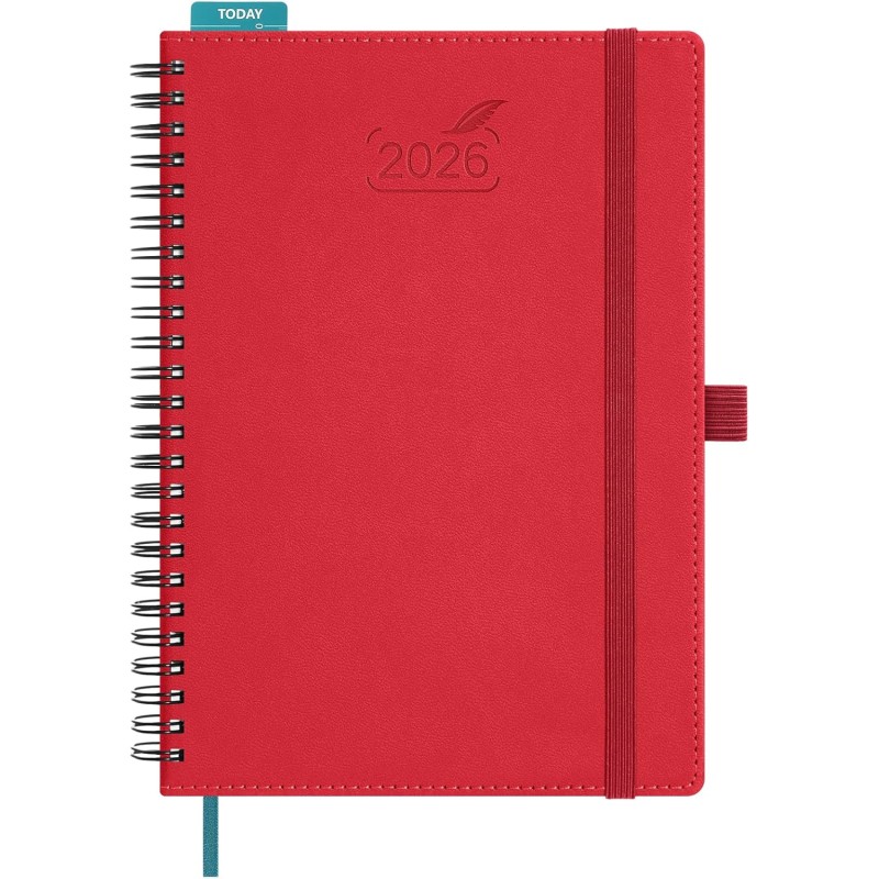BEZEND Agenda 2026 Semainier A5 21 x 15,5 cm, janvier à décembre 2026 (12 mois) avec Spirale Couverture Souple en Cuir PU, Rouge