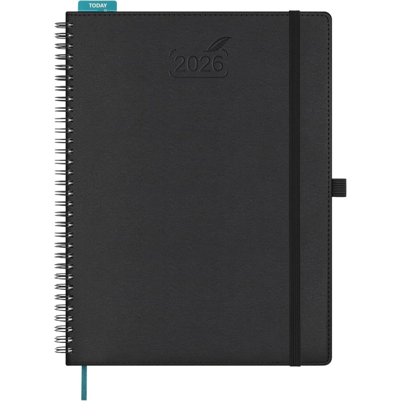 BEZEND Agenda 2026 Semainier A4 28 x 22 cm, janvier à décembre 2026 (12 mois) avec Spirale Couverture Souple en Cuir PU, Noir