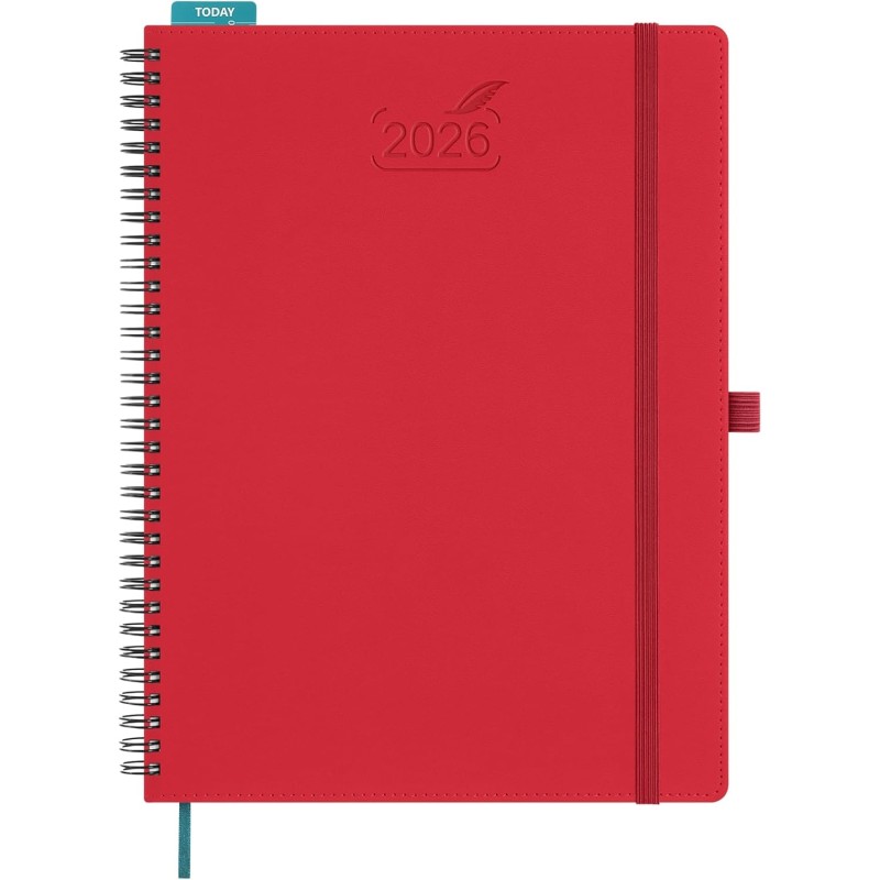 BEZEND Agenda 2026 Semainier A4 28 x 22 cm, janvier à décembre 2026 (12 mois) avec Spirale Couverture Souple en Cuir PU, Rouge
