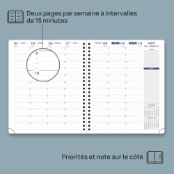 POPRUN Agenda 2025 2026 Semainier A5 22 x 17 cm Version Française - Intervalles de 15 minutes, D'Août 2025 à Juil 2026 12 Mois S