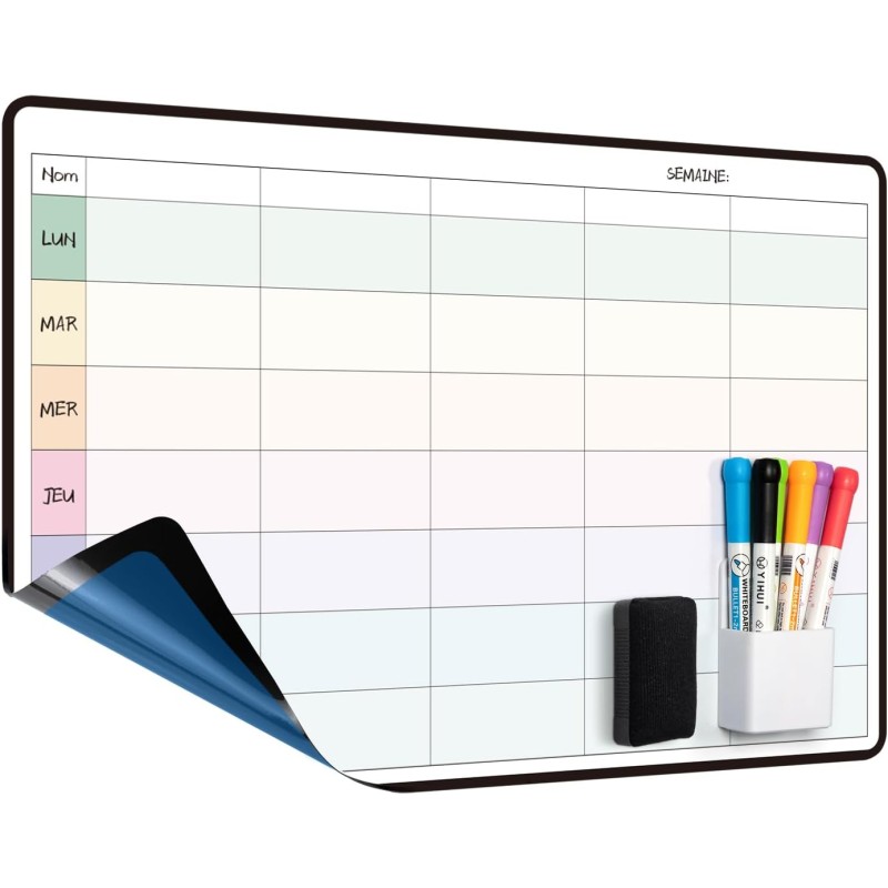 Calendrier Adhesif Planning Semaine Mural,Tableau Organisateur Familial,Planificateur des Menus/Repas Hebdomadaire 42×28cm effac