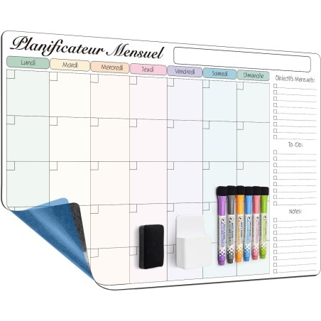 60x40 cm Calendrier Adhesif Tableau blanc Planning Mural, Planificateur Mensuel/Semainer effaçable parfait pour Planification de