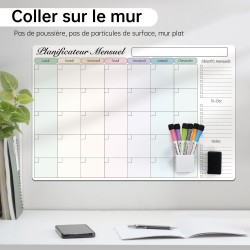 60x40 cm Calendrier Adhesif Tableau blanc Planning Mural, Planificateur Mensuel/Semainer effaçable parfait pour Planification de