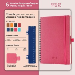 Agenda 2026: Agenda Semainier A5 Moyen 21,9x16,4 cm Spirale, Planificateur Hebdomadaire D'Jan 2026 à Déc 2026(12 Mois) Scolaire,