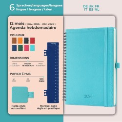 Agenda 2026: Agenda Semainier A5 Moyen 21,9x16,4 cm Spirale, Planificateur Hebdomadaire D'Jan 2026 à Déc 2026(12 Mois) Scolaire,