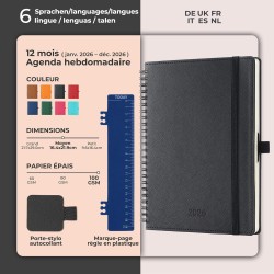 Agenda 2026: Agenda Semainier A5 Moyen 21,9x16,4 cm Spirale, Planificateur Hebdomadaire D'Jan 2026 à Déc 2026(12 Mois) Scolaire,