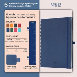 Agenda 2026: Agenda Semainier A4 Grande 29x21,7 cm Spirale, Planificateur Hebdomadaire D'Jan 2026 à Déc 2026(12 Mois) Scolaire, 