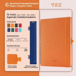 Agenda 2026: agenda semainier a4 grande 29x21,7 cm spirale, planificateur hebdomadaire d'jan 2026 à déc 2026(12 mois) scolaire, 