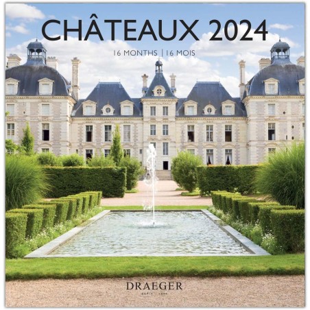 DRAEGER PARIS | Grand calendrier mural Châteaux 2024 à suspendre 29x29cm |16 mois sept-23 à dec 24 | 7 langues | Calendrier bure