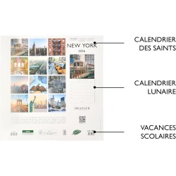 DRAEGER PARIS 1886 - Grand Calendrier mural 28x29 cm 2026 - Thème NYC - 12 mois - Papier FSC - Illustrations détachables